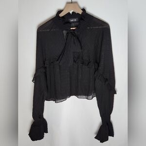 Black Ruffled Women's Top S Black Long Sleeve Sheer Loose High Neck Tie